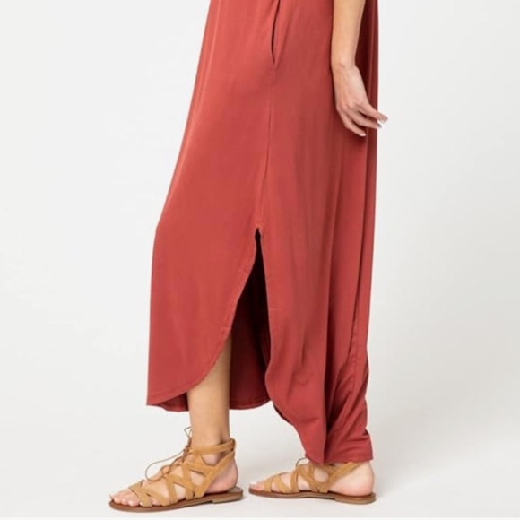 Entro Casual Loose Fit Short Sleeve V-Neck Split Hem Maxi Dress Redwood Large - Picture 4 of 12